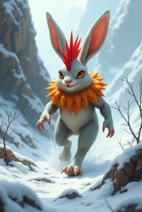  Create a fantastic hybrid animal creature.  It must have the body and limbs of a rabbit , The head must be similar to that of a rooster ,  with a beak and intense and sharp orange eyes .  Add a red crest on the head and a mane of orange feathers around th...