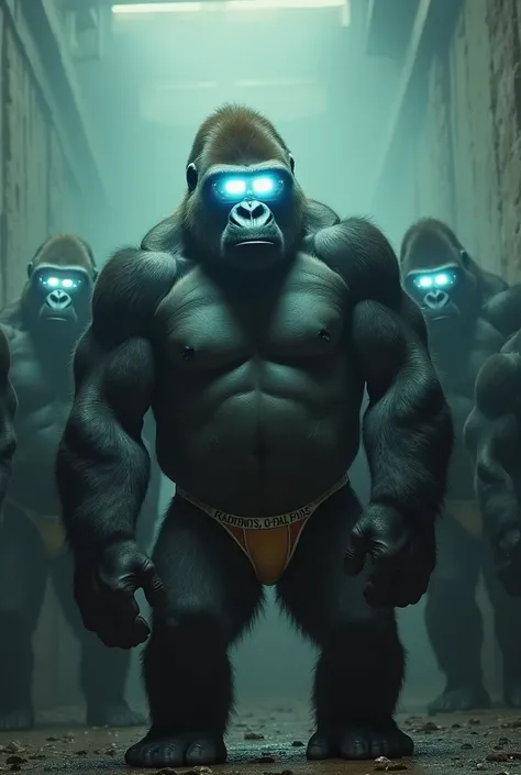 Ten Big Belly Gorillas in jockstraps hypnotized with mind control glasses 