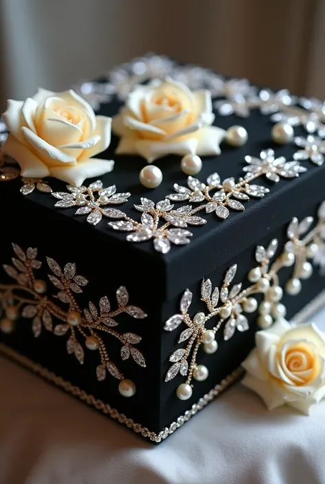 Large black painted MDF jewelry box decorated with pearls and rhinestones and mini white roses 