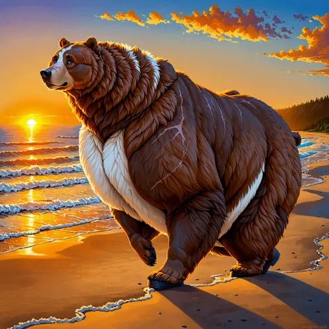 Very Extremely Morbidly-Obese Immobile fluffy Brown Grizzly Bear with unbelievably Very very very Extremely Massive Overhang white Belly, wears boots, scar on the face, Beautiful Blue eyes, walking, side view, Beach background, Bright Beautiful Sunrise.