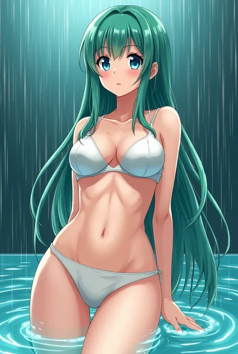 hot girl,  perfect bodyBlue eyes , manhwa.  Showing her big ass wearing only underwear,  is showing a bit of pussy .  green hair,  the bottom is raining heavily ,  realistic wet body , feminine,  beautiful 16-year-old good for sex ,  Big breasts . Style: m...