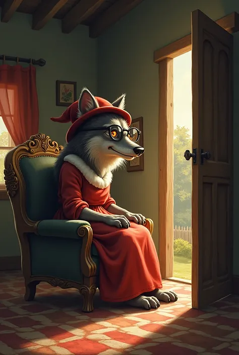 The wolf disguises himself as a grandmother by putting on his grandmothers dress, hat and glasses, and then waits for a girl wearing a veil with a red hat to enter the house.