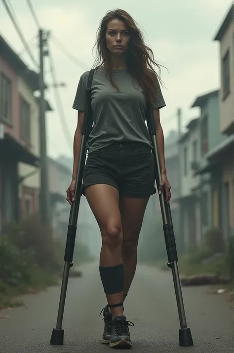 One-legged woman with crutches visible stump 