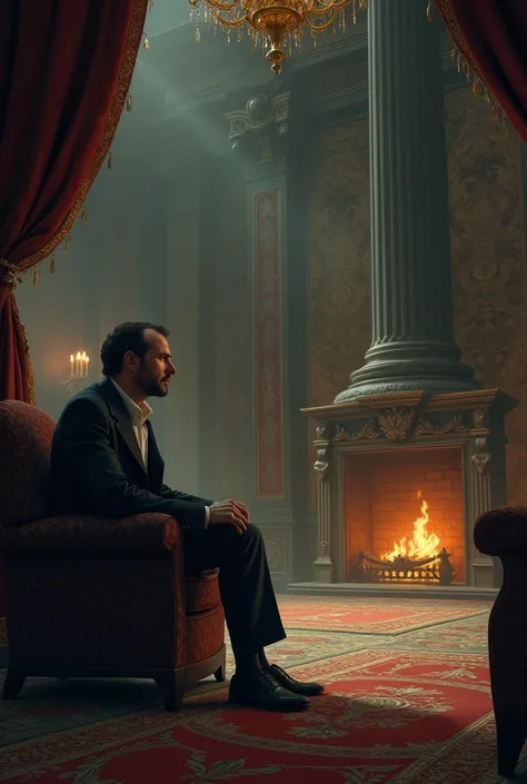 A wealthy but desolate hall with a lone man sitting by the fireplace. The room filled with ornate furniture and treasures, but the man looks weary and isolated, emphasizing the emptiness of his success.