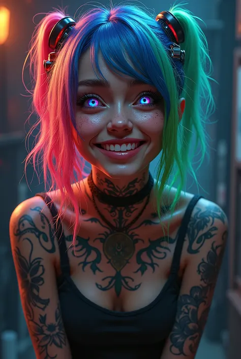 Kizi. Rainbow colored hair. cyberpunk. tattooed. Grinning. darkness background. Eyes rainbow colored 