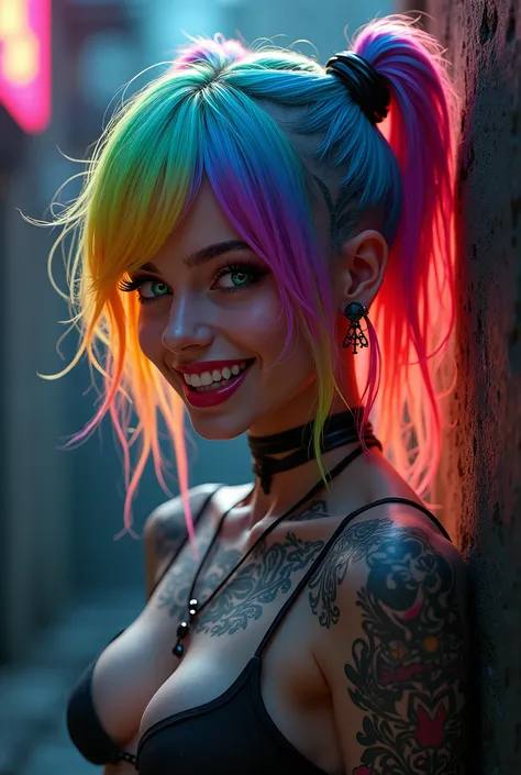 Kizi. Rainbow colored hair. cyberpunk. tattooed. Grinning. darkness background. Eyes rainbow colored 