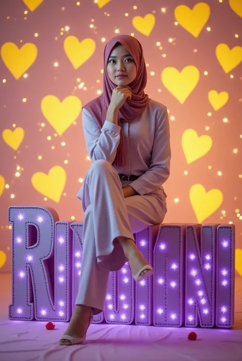 A hijab-wearing woman named RINDIANI sits on a three-dimensional purple sign decorated with simulated diamonds, amidst a beautiful and romantic atmosphere filled with yellow hearts and a sparkling background.