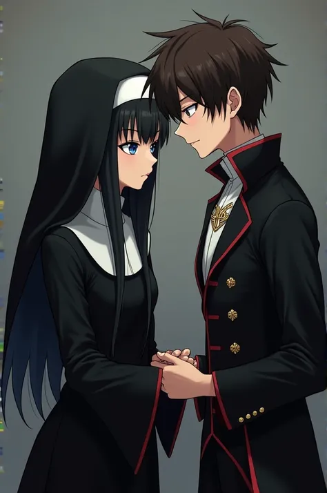 make one of a girl with long black hair and black eyes dressed as a nun and a boy with dark brown hair and blue eyes dressed in a vampire outfit having sex with the girl