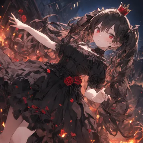 (  masterpiece  ), (   top quality), (     super detailed ),     1 girl,   long hair,  smile,   black hair,  red eyes,  blackいリボン,   twin tails, Small Crown， woman  ，gothic， Many Rose Petals Dance，black，  dutch angle ,  Poster/ Magazine Illustration Style ...