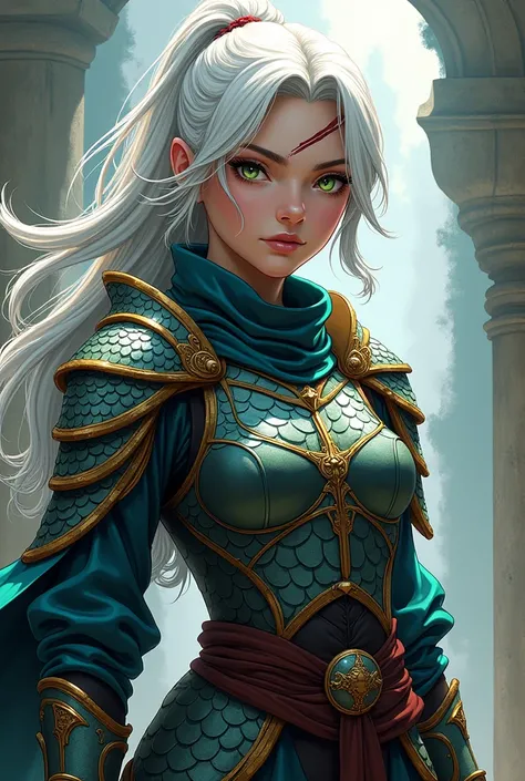 Young woman 30 years old scar on her face warrior white hair eyes minnow dragon scale armor manga style