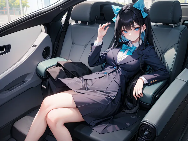 High school students ， already, Black Hair ， With warm blue eyes ， Wore a brand new blue suit and black heels ， Pure white collar and bright green bow 。 has long Black Hair and warm blue eyes ， Lean back in the car seat ， Pose Alluring , spread legs , lowe...