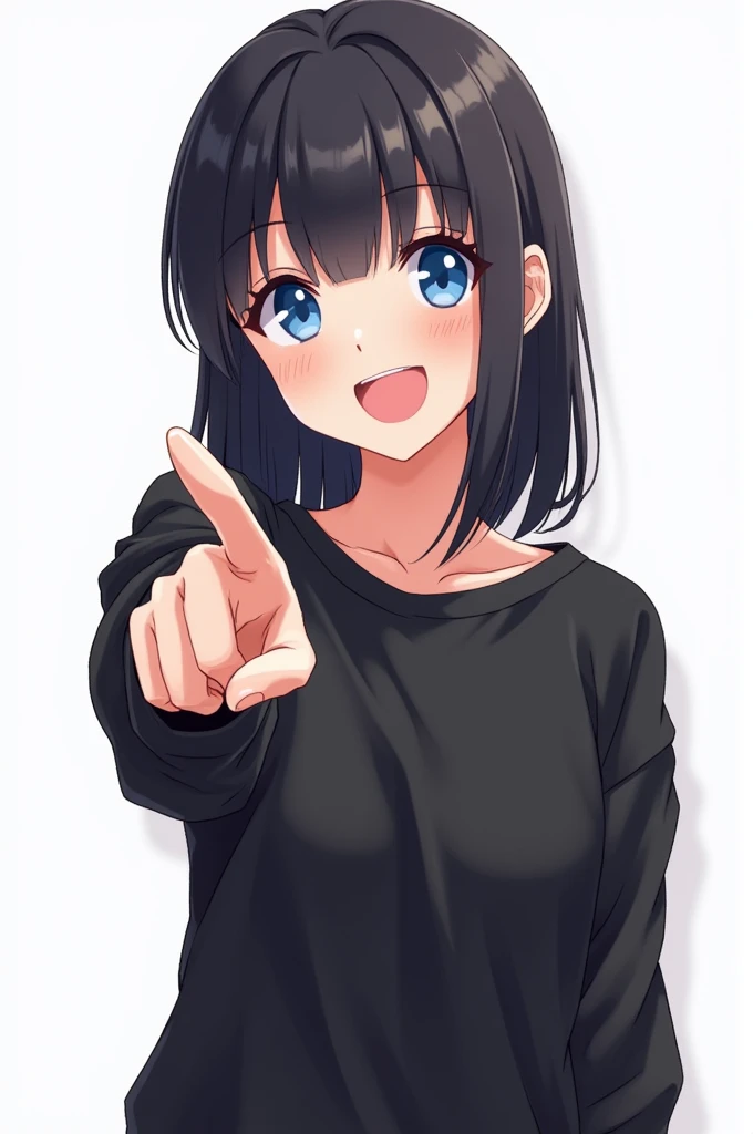 chico,  straight black hair , blue eyes and shes happy and shes pointing at you with one hand,  wears a black sweatshirt and the background is white anime pixel art style