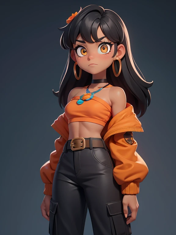 score_9, source_cartoon, 1girl, solo, Mixed race Navajo-Latina woman, tan-bronze skin, amber eyes, black hair with bangs, orange hair ornaments, black jacket, orange off-shoulder top, belt, gray cargo pants
