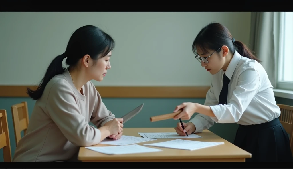 Full shot. A 40-year-old Korean woman, wearing a dress. Sitting at a table with papers and behind her approaching with a knife to attack her, a young Asian woman. Black hair tied up and glasses. School uniform, white shirt, black skirt.