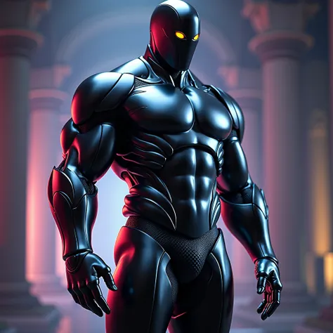 man, strong and sturdy construction   ,    full body reflective black metal armor ,  smooth black mask without facial features such as eyes or nose or mouth  ,   two small bright yellow dots where the eyes should be  