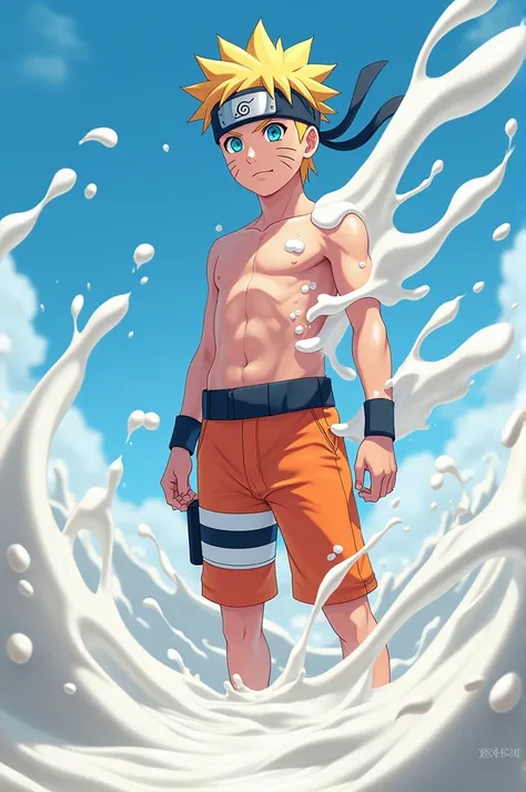 Naruto in shorts bathed in milk
