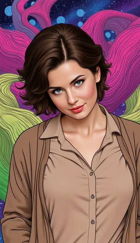 "An adult American woman in a comic book style, with realistic and elegant features. She is dressed in discreet, casual attire, such as a neutral-colored blouse and simple cardigan, appropriate for an understated yet refined look. Her hair is naturally sty...