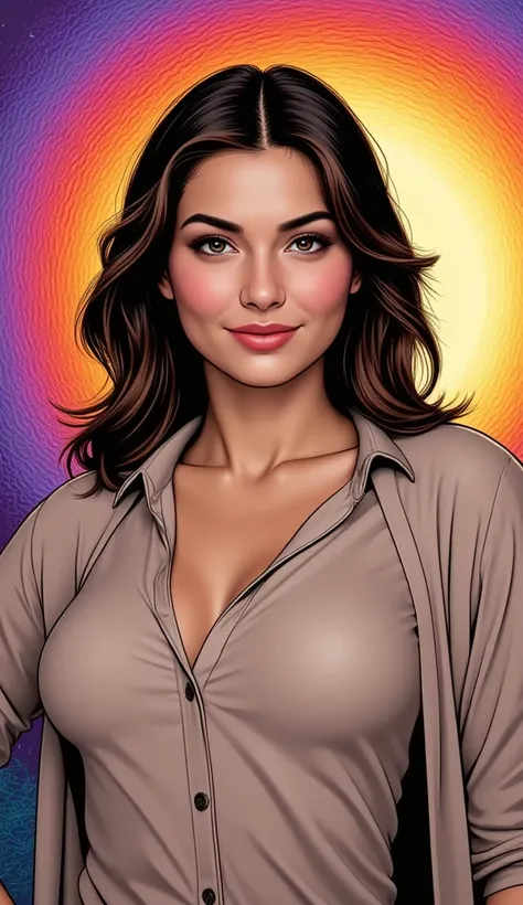 "An adult American woman in a comic book style, with realistic and elegant features. She is dressed in discreet, casual attire, such as a neutral-colored blouse and simple cardigan, appropriate for an understated yet refined look. Her hair is naturally sty...