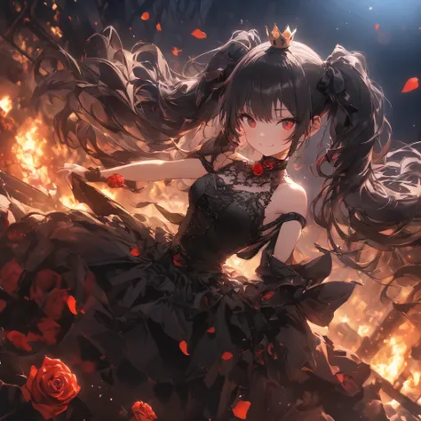 (  masterpiece  ), (   top quality), (     super detailed ),     1 girl,   long hair,  smile,   black hair,  red eyes,  blackいリボン,   twin tails, Small Crown， woman  ，gothic， Many Rose Petals Dance，black，  dutch angle ,  Poster/ Magazine Illustration Style ...