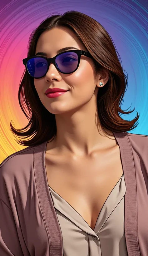 A modelo está usando óculos de sol de vidro com estrelas e a"An adult American woman in a comic book style, with realistic and elegant features. She is dressed in discreet, casual attire, such as a neutral-colored blouse and simple cardigan, appropriate fo...