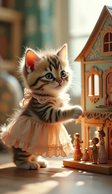 kitten wearing frock is playing with her doll house