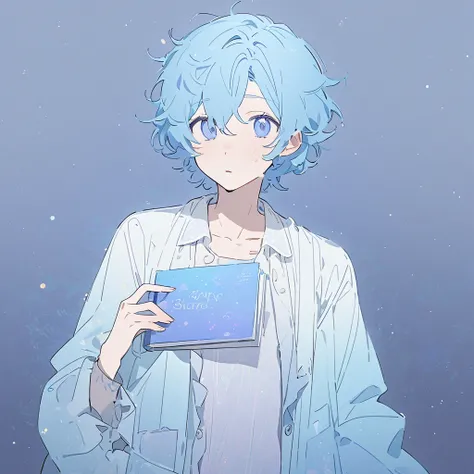 “A 20s male sleep researcher with soft pastel blue hair, slightly messy short hairstyle, and a kind, approachable expression. He wears a casual white lab coat layered over pajama-style clothing, holding a sleep science book. The character design uses soft ...