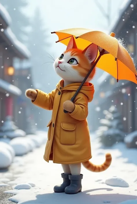  Full body view of an anthropomorphic female cat standing in a snowy hot spring town.   Shes stylish  ,  wearing a fitted knee-length raincoat ,  has a hood that covers part of her pointed ears .  Her slim tail is peeking out from her back , Slightly curle...