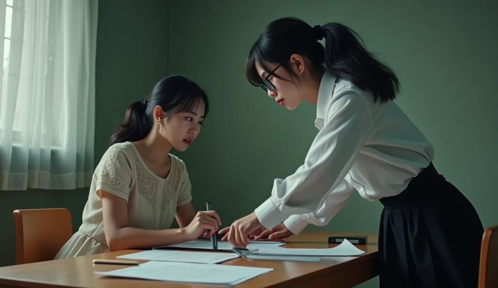 Full shot. A 40-year-old Korean woman, wearing a dress. Sitting at a table with papers and behind her approaching with a knife to attack her, a young Asian woman. Black hair tied up and glasses. School uniform, white shirt, black skirt. cinematic. dramatic...