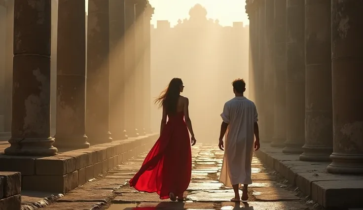 A BEAUTIFUL female AND MALE Stoic VIBE, SHE WALKING AWAY WIHTOUT TURNING WALKING AWAY IN OPOSIT DIRECTION, AROUND SMOKY ENVIRONMENT an ancient ROME temple. She turns away with a thoughtful expression, her red dress draped gracefully around her. HE DREASED ...