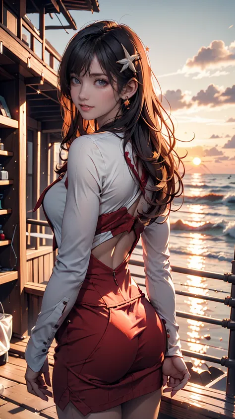  1 girl, Alone,smile,  beach ,(sunset:1.1),  Akagi_Also(Battery Project ), Alone,  star hair ornament,  Twin Blade ,Sparkle,  From behind , Look Behind, huge sunset,Red Float, uniform,   knight , Waving , sea