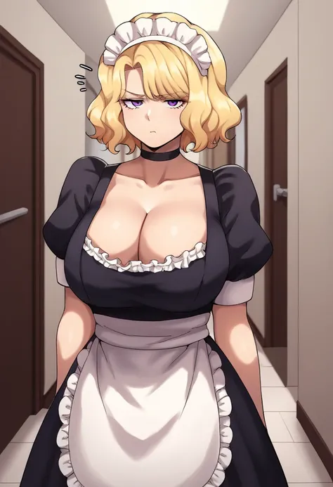 score_9, score_8_up, score_7_up, score_6_up, source_anime, 1girl, solo, mski, blonde hair, short hair, wavy hair, purple eyes, black choker, maid headdress, maid dress, puffy sleeves, apron, cleavage, big breasts, tired, annoyed, hallway, looking at you, p...