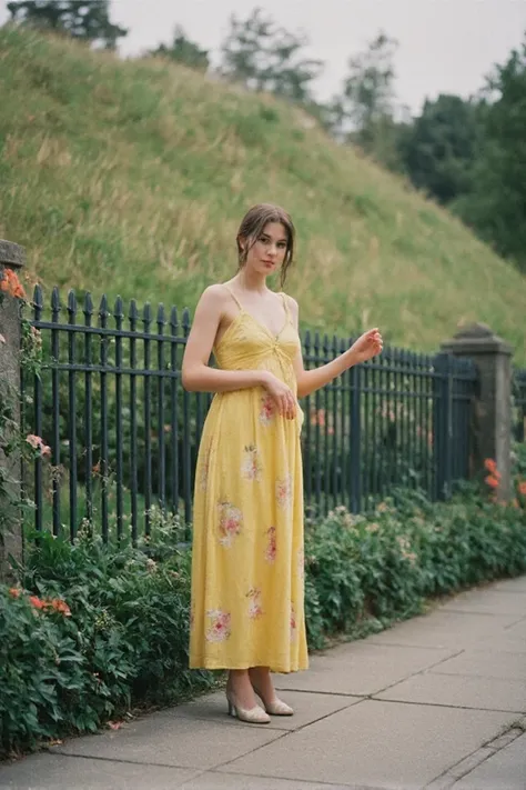 Raw photo, full body shot of a beautiful woman standing in front of an iron fence with a grassy hillside in the background, ((breasts: 1.2)) wearing a yellow dress with floral patterns and spaghetti straps, pointing towards something off to the side, green...