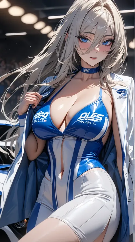 masterpiece , modern, Verism, masterpiece, super detail, best quality, 4K ,((Adult face)), woman,Wearing a white coat,Mature woman アメスク Rubia ojos azules 
Cabello azul, Plano americano, Cabello largo, Senos grandes, Ojos azules,race_queen ford mustang Sexy...