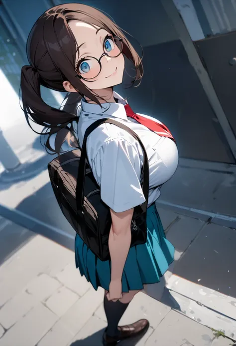 ( masterpiece , top quality:1.2),  1 girl, Alone,  Expressive Eyes , Walking with a student bag on his shoulder ,  straight hair,  dark hair twintails, Round Glasses, ((( Perfect Face Girl Walking With Her Student Bag On Her Shoulder))),  Big Breasts High ...