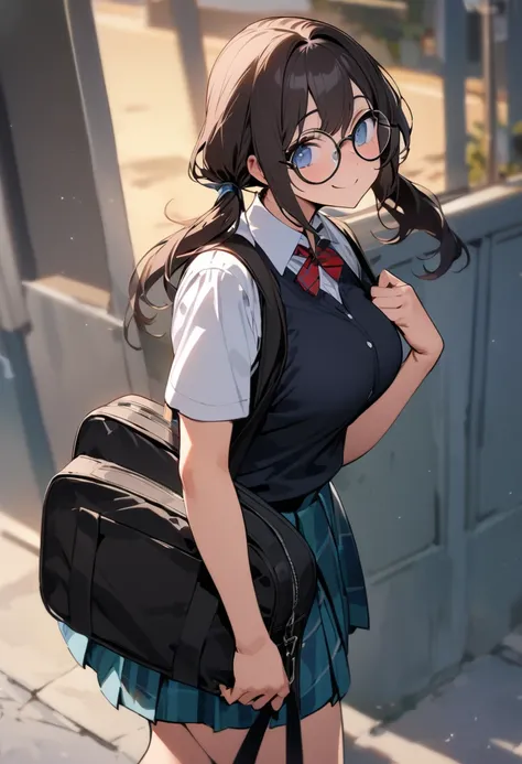 ( masterpiece , top quality:1.2),  1 girl, Alone,  Expressive Eyes , Walking with a student bag on his shoulder ,  straight hair,  dark haired twin tails , Round Glasses, ((( Perfect Face Girl Walking With Her Student Bag On Her Shoulder))),  Big Breasts H...