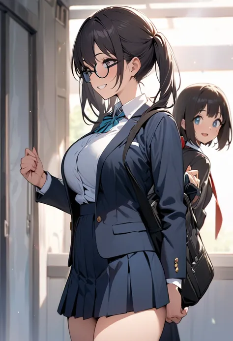 ( masterpiece , top quality:1.2),  1 girl, Alone,  Expressive Eyes , Walking with a student bag on his shoulder ,  straight hair,  dark hair twintails, Round Glasses, ((( Perfect Face Girl Walking With Her Student Bag On Her Shoulder))),  Big Breasts High ...