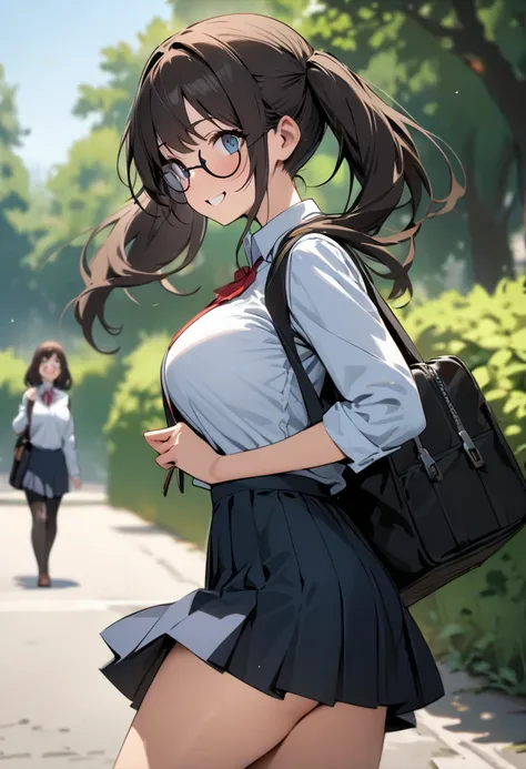 ( masterpiece , top quality:1.2),  1 girl, Alone,  Expressive Eyes , Walking with a student bag on his shoulder ,  straight hair,  dark haired twin tails , Round Glasses, ((( Perfect Face Girl Walking With Her Student Bag On Her Shoulder))),  Big Breasts H...