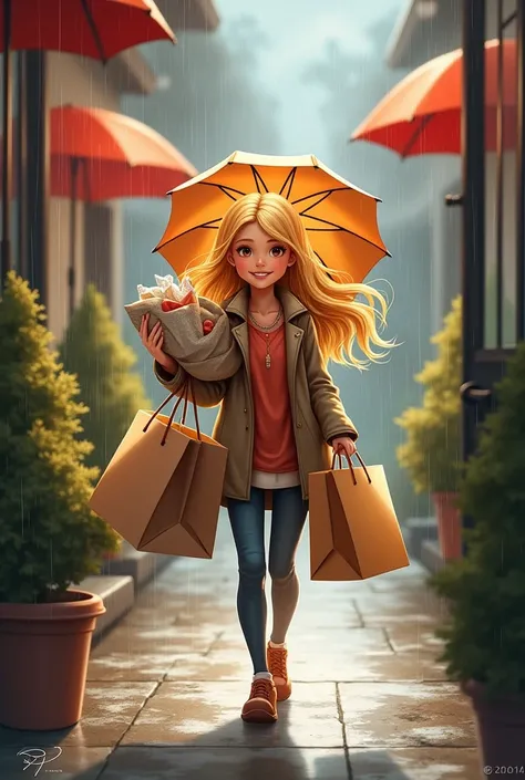 An art of a blonde girl under the rain with umbrellas ,  walking to open the door of her house with her hands full of purchases and happy to have finally arrived