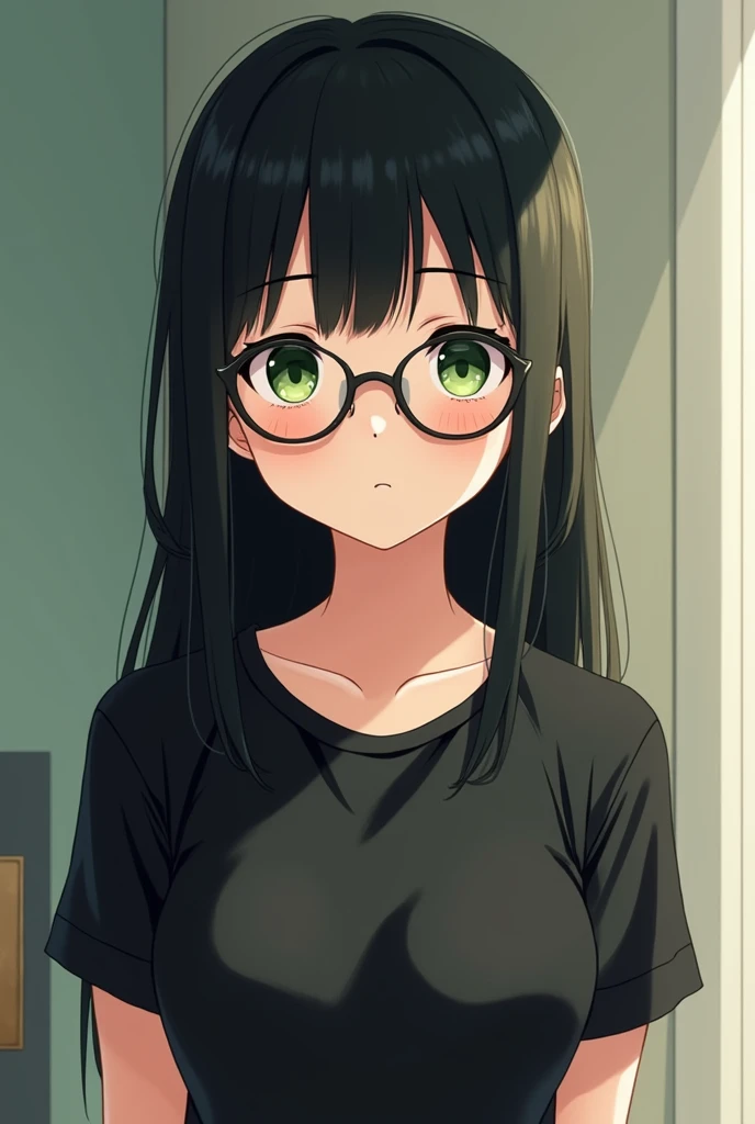 girl,  straight black hair .  green eyes,  wears lenses, Shy rather big breasts, anime, wear a black t-shirt 