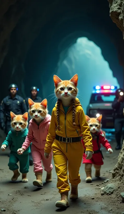 Inside a dimly lit cave, a group of anthropomorphic kittens with human-like features is seen walking out. The kittens are dressed in vibrant colors like pink, red, yellow, and green, adding contrast to the dark surroundings. They look frightened but determ...