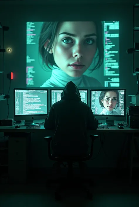 A dimly lit room with a lone man in a hooded jacket sitting in front of a multi-screen computer setup. The screens display a beautiful virtual woman being meticulously crafted; lines of code transform into her flawless face. The man’s silhouette is shadowy...