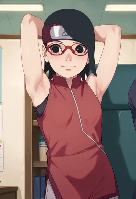 1girl,nsfw,hughres, sarada,short hair,red frame glasses,black eyes,black hair , Worried brow ,smile,,room,Armpit,Arms up,Stretch,