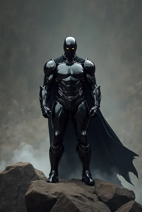 man, strong and sturdy construction   ,    full body reflective black metal armor ,  smooth black mask without facial features such as eyes or nose or mouth  ,   two small bright yellow dots where the eyes should be  