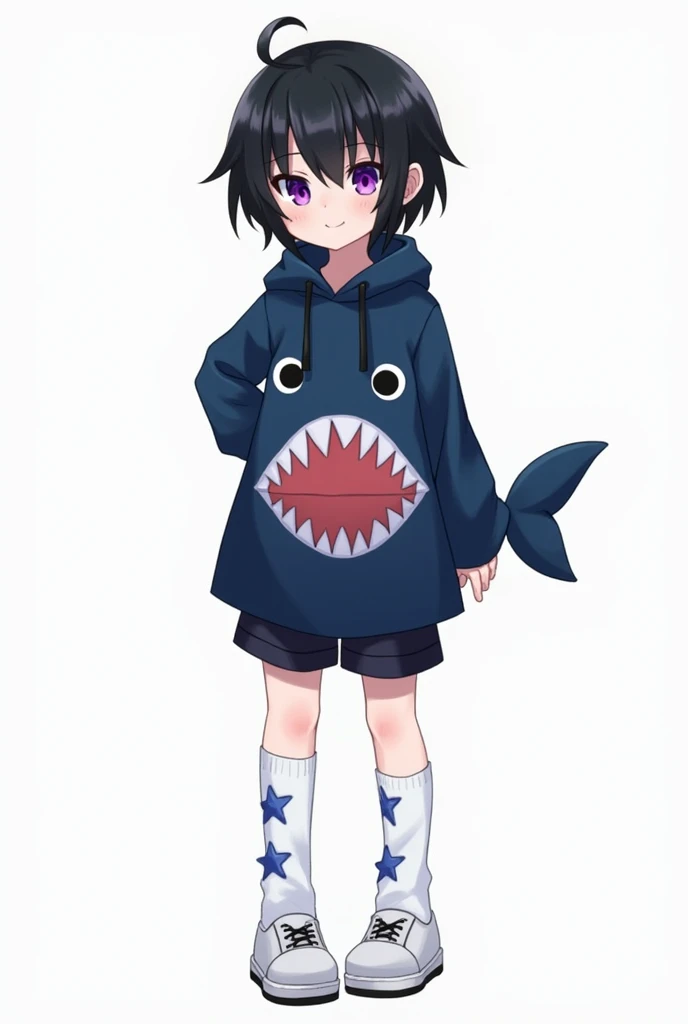 outfit:

 He wears a dark blue hoodie decorated with white teeth and eyes,  resembling a shark or similar creature .

 Short dark shorts that match the sweatshirt .

 High white socks decorated with blue stars .

 White shoes with dark details .


Aspect:
...