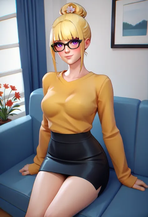 score_9, score_8_up, score_7_up, score_6_up, source_anime, 1girl, solo, msro, blonde hair, blunt bangs, single hair bun, short hair, purple eyes, hair flower, glasses, yellow sweater, black skirt, pencil skirt, looking at you, breasts, sitting, blush, smil...