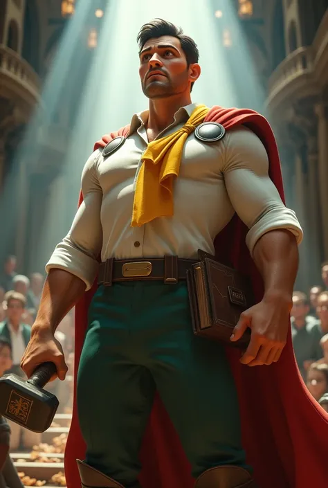  Thor in a white dress shirt all buttoned with short sleeves and petroleum-green dress pants ,  their hair must be short and dark in his left hand he is holding the holy bible and in his right hand with his arm raised he is holding his hammer, rays around ...