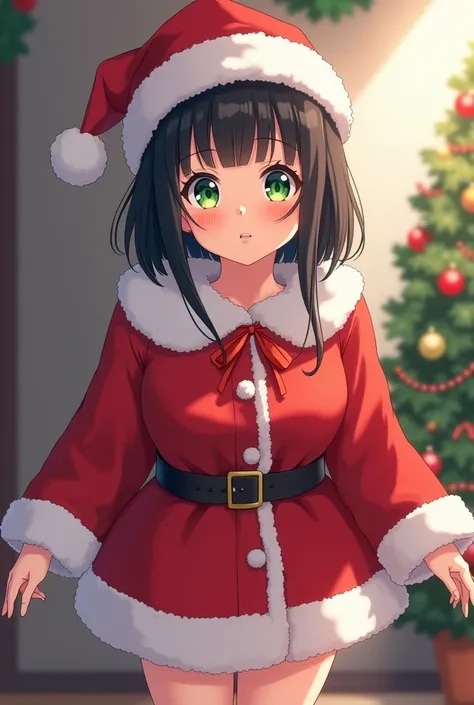 girl in a Santa Claus costume,  straight black hair .  green eyes,  wears lenses, Shy rather big breasts, anime,
