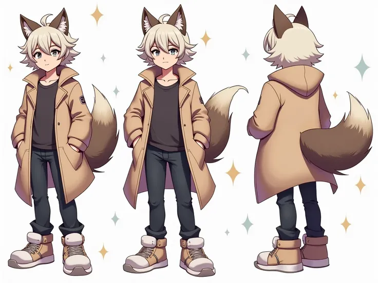 Furry style boy anime half furry half human,  with an original outfit and hairstyle,  that looks attractive to buy, visually appealing character ,  with different poses and example expressions of the character, Bring accessories , full body and adult 