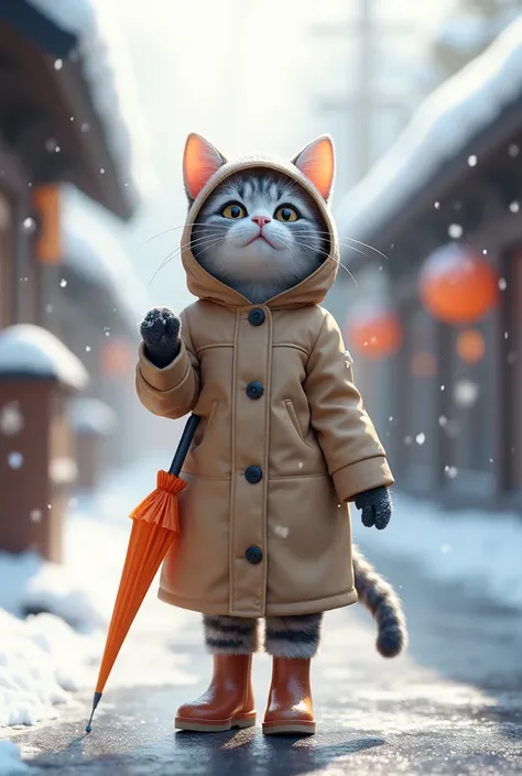  Full Body View of a Realistic Female Cat Standing in a Snowy Hot Spring Town.   Shes stylish  ,  wearing a fitted knee-length raincoat ,  has a hood that covers part of her pointed ears .  Her slim tail is peeking out from her back , Slightly curled. She ...