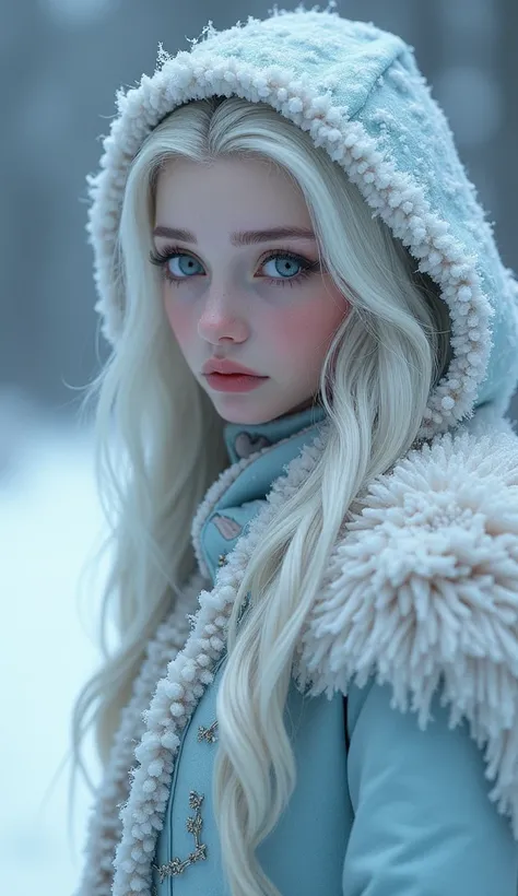 sad snow princess 　  high image quality、  high quality  、  realistic  、  details、beautiful beautiful snowy landscape   高 details ,  very detailed ,  textured skin,   ultra high resolution , whole body